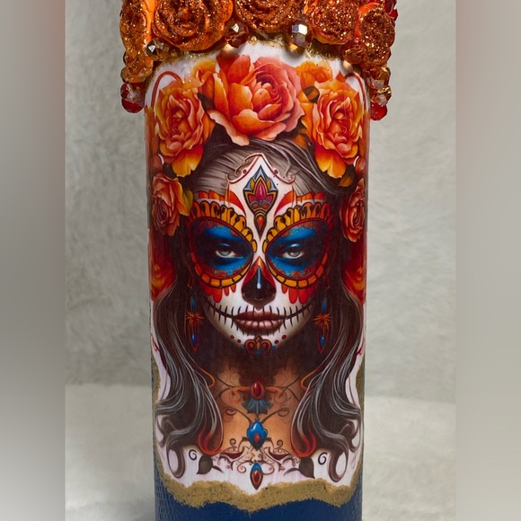 Hand Painted-Decoupaged Sugar Skull-Dia De Los Muertos-Day of the Dead Bottle - Picture 9 of 12